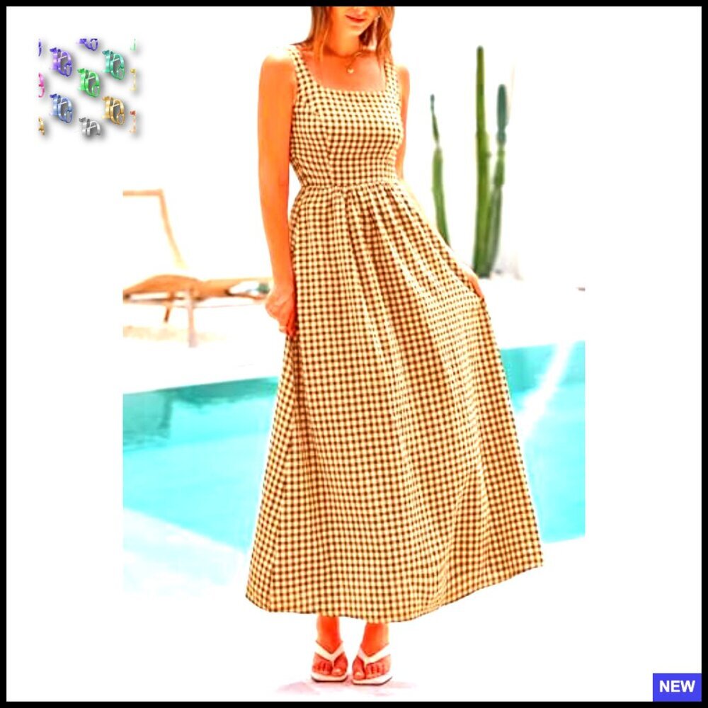 Plaid Square Neck Maxi Dress Spaghetti Strap A-Line Smocked Back Beach Vacation - Picture 6 of 7